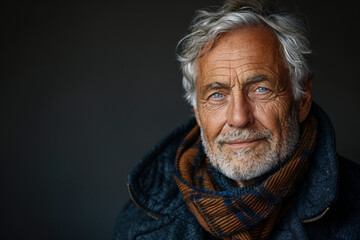 Older handsome white man with grey hair and scarf with slight smile on black backdrop with copyspace
