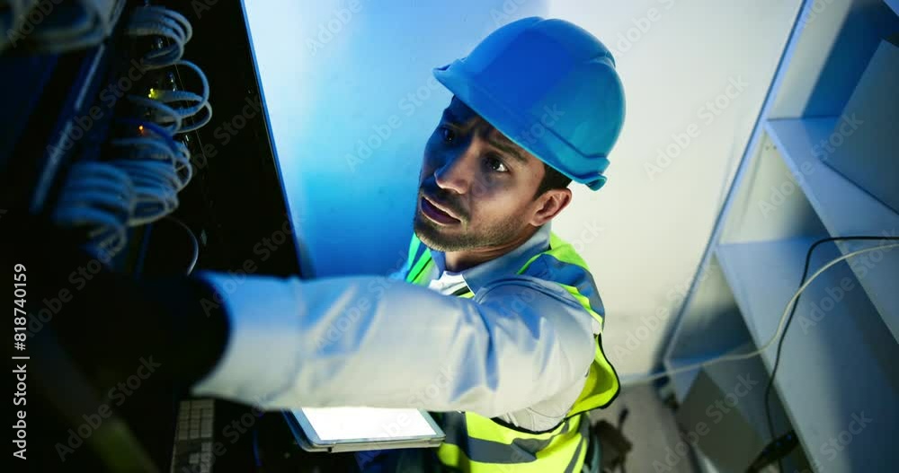 Fototapete Data center, server room and man with computer on tablet for programming, coding and information technology. Cybersecurity, IT and technician for online inspection, maintenance and software backup