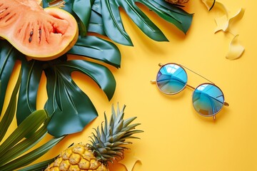 a pineapple papaya and sunglasses on a yellow background
