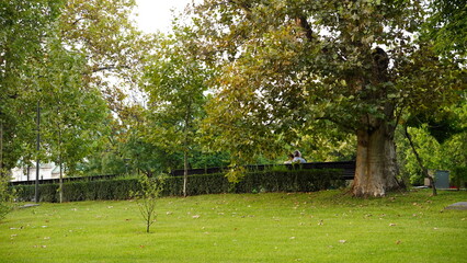 City park in Sofia, Bulgaria with a couple on a bench