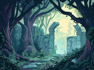 Mystical Forest Scene with Ancient Overgrown Ruins, Serene Natural Archway, Twisted Trees, Moss-Covered Stone Walls, Lush Greenery, Ethereal Atmosphere, Diffused Light, Early Morning Mist or Twilight