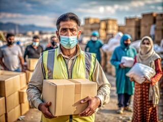 Humanitarian Worker in Action – 4:3: A focused portrait of a humanitarian worker distributing supplies, highlighting global aid efforts.
