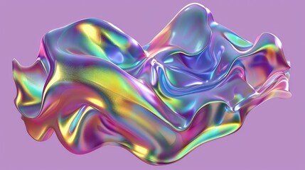 Bold holographic liquid blob shape isolated. Iridescent wavy melted substance background