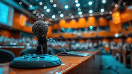 Education podium with a sound system and presentation remote in a large hall text