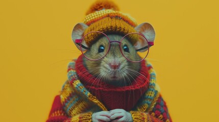 A studio portrait of an adorable rat wearing a red and white striped scarf and a yellow beanie with a pom-pom.