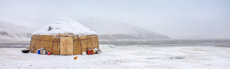 Yurts in winter. National ancient house of the peoples of Kyrgyzstan and Asian countries. national...