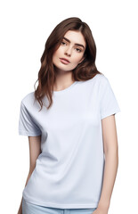 Fototapeta premium Young woman wearing white blank t-shirt. Model, mockup template for design print