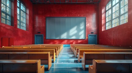 Minimalist education podium in front of a large projection screen text
