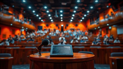 Podium with a built-in computer and a wireless microphone in a smart classroom text