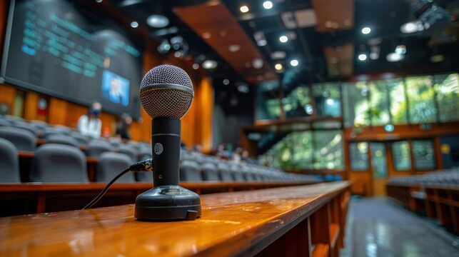 Podium with a built-in computer and a wireless microphone in a smart classroom text