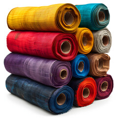 Fabric rolls in textile factory isolated on white background, studio photography, png
