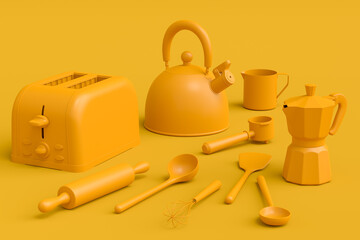 Espresso coffee machine with horn, kettle and geyser coffee maker on monochrome