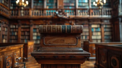 Vintage wooden education podium in an old library setting text