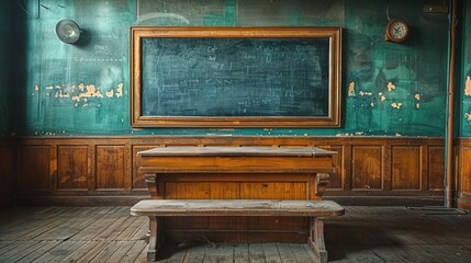 Wooden education podium with a chalkboard backdrop in a cozy classroom text