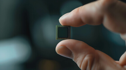 Hand holding a small semiconductor chip against a neutral background, demand and supply in microchip, Competition and development of small microchips
