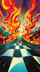 Fiery Competitive Race with Checkered Finish Line