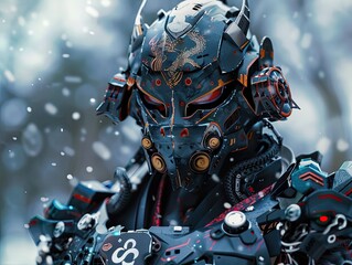 Fototapeta premium Futuristic Robotic Monster Warrior Equipped for Mysterious Battle in Dystopian Landscape