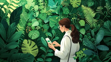 A young woman in a lab coat uses a smartphone to take a picture of a plant in a lush, green jungle.