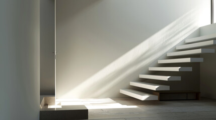 Obraz premium Room corner view of a minimalist staircase, clean lines accentuated by sunlight.