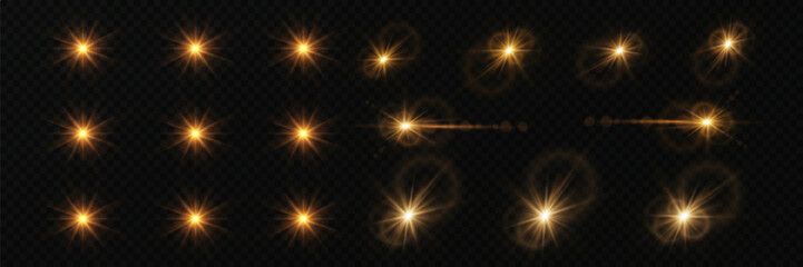 Set of lighting effects. Sparkling stars and glare of flares. Lighting special effects. On a transparent background.