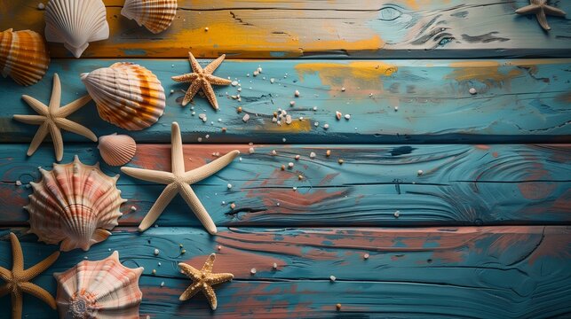 Create a promotional postcard with images of sea accessories on a colorful wooden floor.