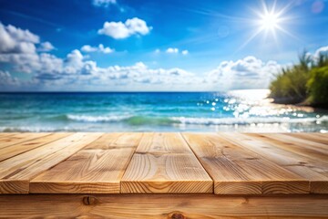 Wooden top with blurred empty beach background can be used for mocking up or display product to make advertising	