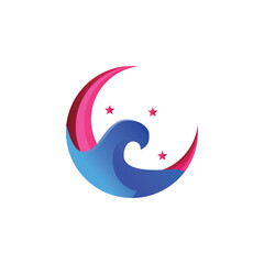 Colorful moon and ocean media logo design template