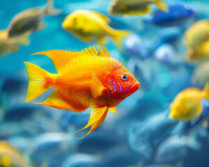 A yellow fish is swimming in a tank with other fish. The fish is the center of attention and he is...