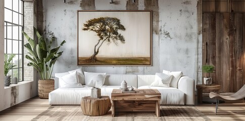 Obraz premium 3D rendering of a beautiful interior design with a white sofa and wooden coffee table against a wall with a framed tree landscape painting in the style of artwork