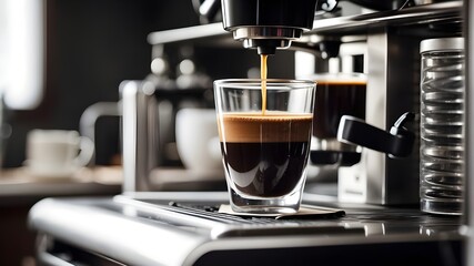 Espresso machine in closeup, brewing strong, freshly brewed coffee in a ceramic cup with copy space image