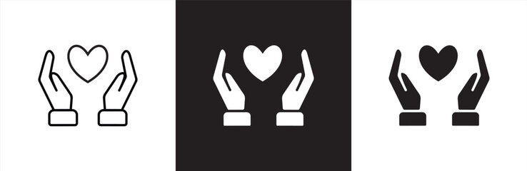 Obraz premium Hand holding heart vector icon set. Heart Symbol Hold by Hands on different style. charity or donation icon sign and symbol suitable for apps and websites. Vector illustration.