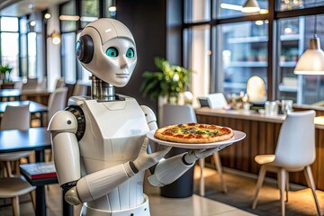 Waitress robot assistant with pizza in cafe.