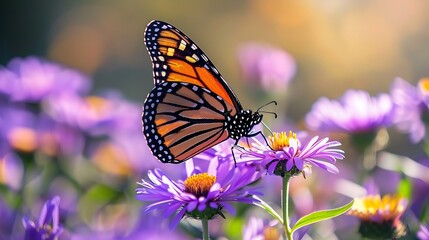 Fototapeta premium a close up view of a monarch butterfly feeding on purple aster flowers in a sunny garden