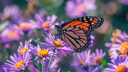 Naklejka premium a close up view of a monarch butterfly feeding on purple aster flowers in a sunny garden