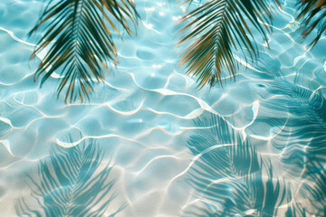 A palm tree is reflected in the water, creating a beautiful and serene scene. The water is calm and clear, and the palm tree's leaves are casting a shadow on the water's surface