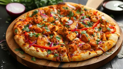 A delicious butter chicken pizza with red pepper and red onion