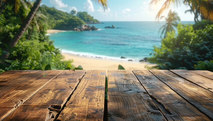 Wooden bench on beautiful beach, Nice view. Created with Ai