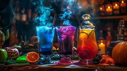 A time of vibrant colored drinks with cauldron of candy