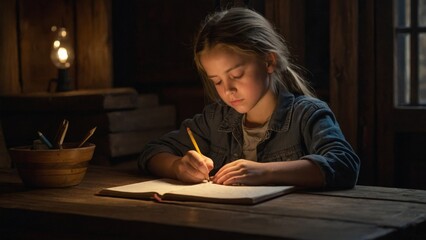 Girl Writing in Notebook at Table