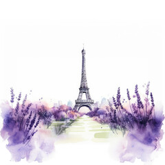 Eiffel Tower and Lavender flowers on a white background, Paris, France, Watercolor painting, illusrtration. Beautiful background for travel postcard and romantic greeting card, invitation