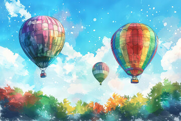 Obraz premium Rainbow-colored hot air balloons, clear sky, whimsical and dreamy, watercolor style, serene landscape.