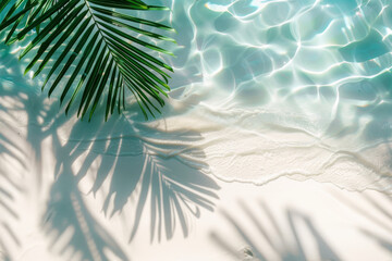 Fototapeta na wymiar A palm tree leaf is laying on the sand next to the ocean. The water is calm and the sky is clear