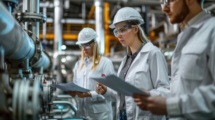 Chemical engineers analyzing samples, technicians conducting tests, and collaboration within a petrochemical factory