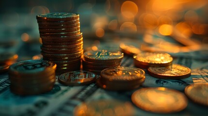 Pile of various coins stacked with bitcoin tokens on US dollar bills illuminated by a warm light representing currency, investment, and finance concepts