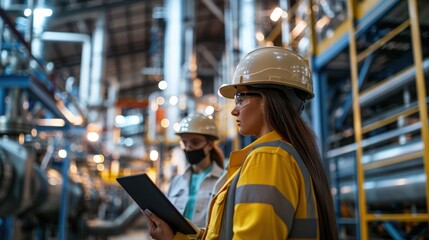 Fototapeta premium Engineers implementing automation, workers adapting to new technology, and collaboration in a petrochemical plant