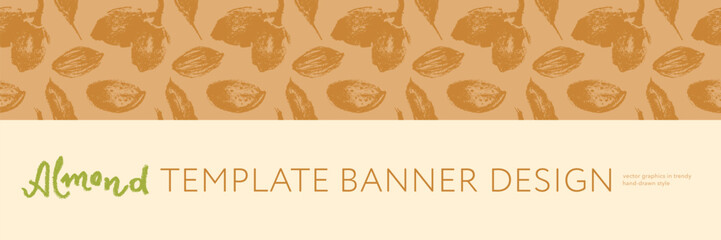 Vector label or packaging template design for almond nuts or chocolate with marzipan paste. Seamless pattern with hand drawn almonds drawings. Panoramic almonds background for banner of organic food.