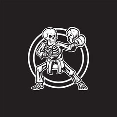 Skeleton skull karate fighter on fight mode vector, silhouette  black and white color design