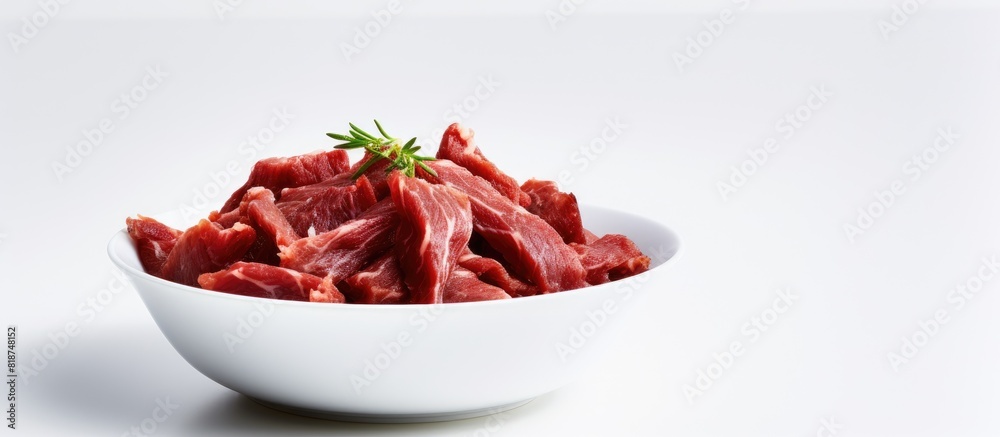 Poster a white bowl contains jerky meat allowing for copy space in the image