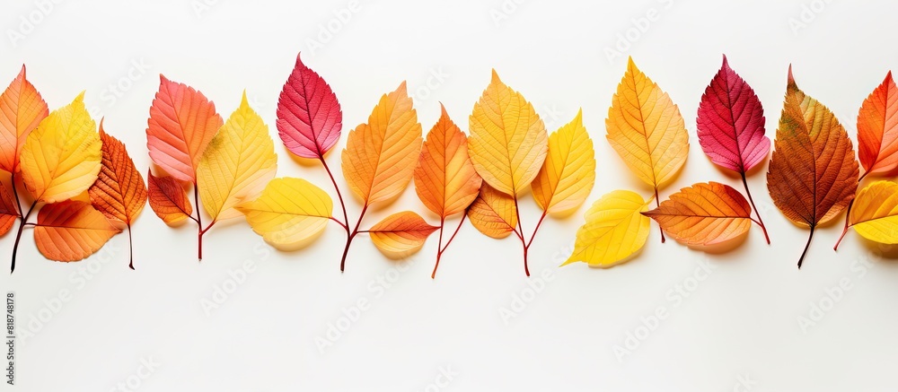 Poster top view of a flat lay autumn background featuring vibrant leaves isolated on a white background pro