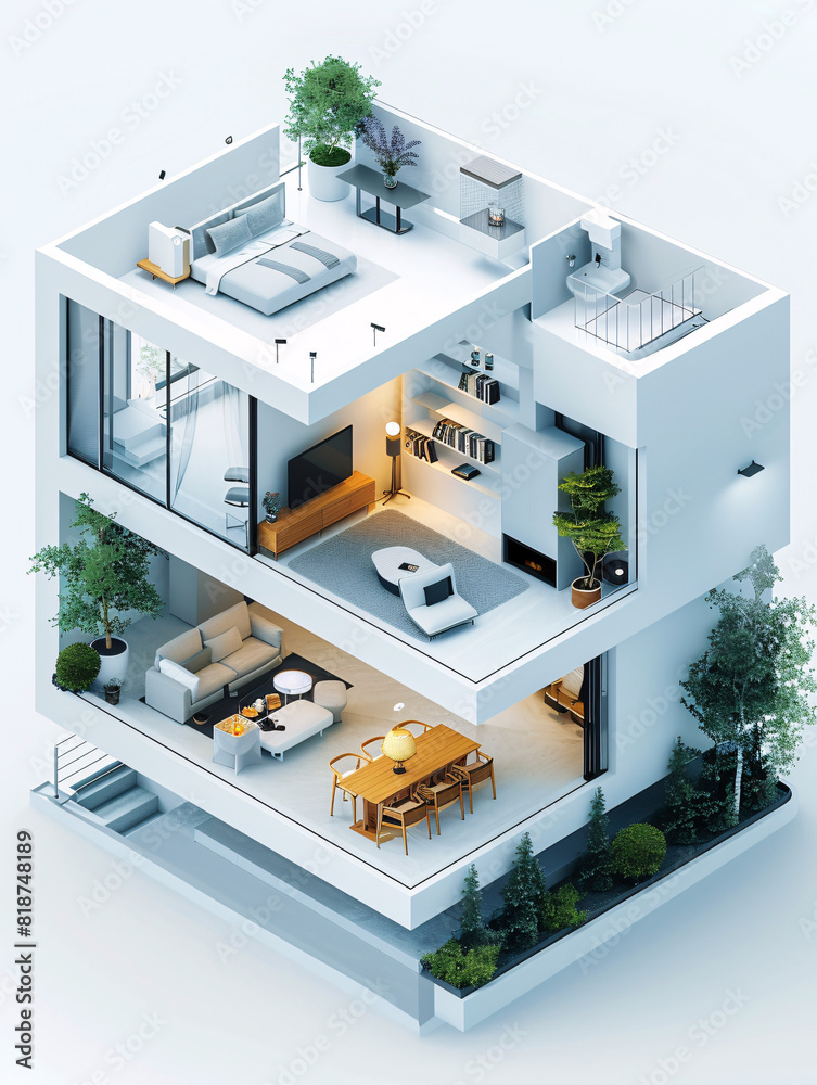 Poster a minimalist depiction of a futuristic smart home interior showcases an array of modern smart home c